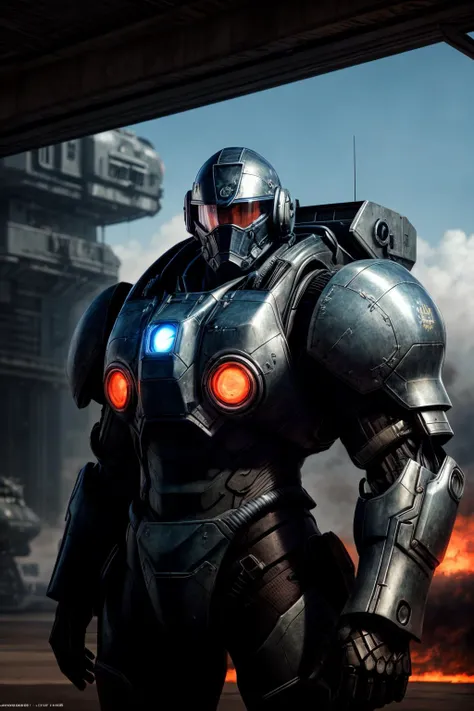 (RAW) 4K, (medium body shot) Masterpiece, highres, absurdres,photorealistic, (highly detailed face), Parrley_armor, a latino man in a black suit of armor ,wearing Parrley_armor, big bulky futuristic armor, helmet, holding futuristic plasma rifle <lora:Parrley1:0.7> (aircraft carrier background)