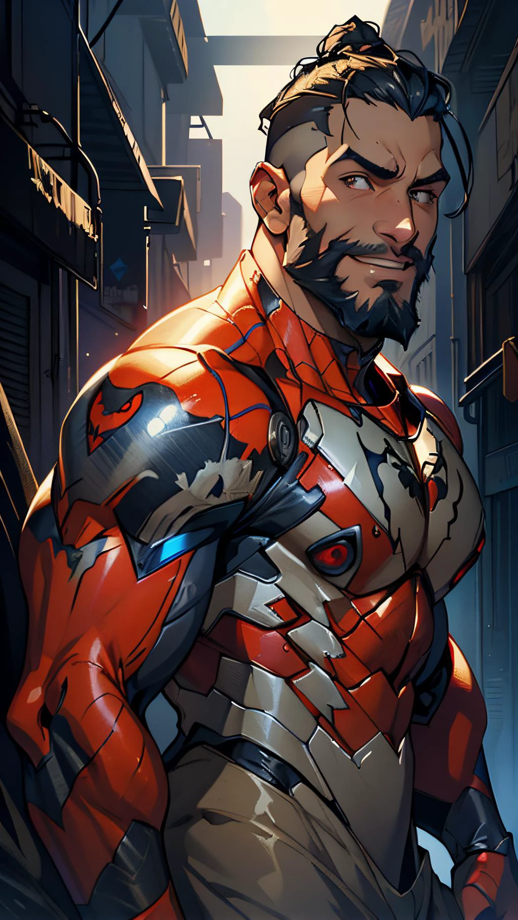 Masterpiece, high quality, ultra detail, RAW, Spiderman-Venom mecha suit, spider logo on the breast of mecha armor, half body, 1 boy, beard, open smiling, big muscle, undercut hairstyle, black hair, brown eyes, pale skin, dramatic lighting, high dynamic range, apocalypse city background, trees, armorsuit, <lora:Parrley1:1>