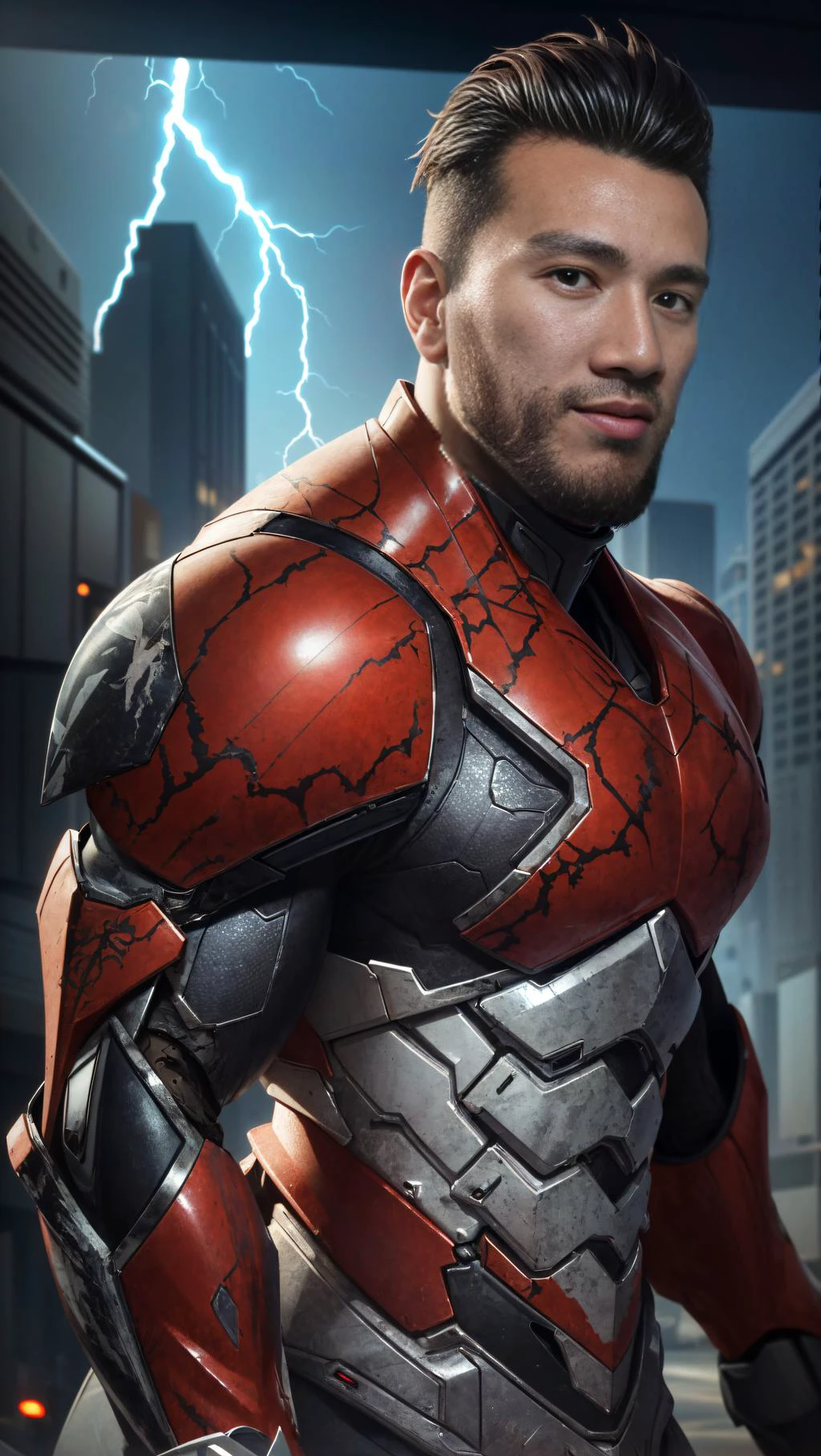 Masterpiece, high quality, ultra detail, RAW, black and red Spider-Venom mecha suit, running, spider logo on the breast of mecha armor, full body, big arms, 1 boy, open smiling, big muscle, undercut hairstyle, black hair, brown eyes, pale skin, dramatic lighting, lightning aura, smokes, center of the frame, apocalypse city background, trees, armorsuit, <lora:Parrley1:1>