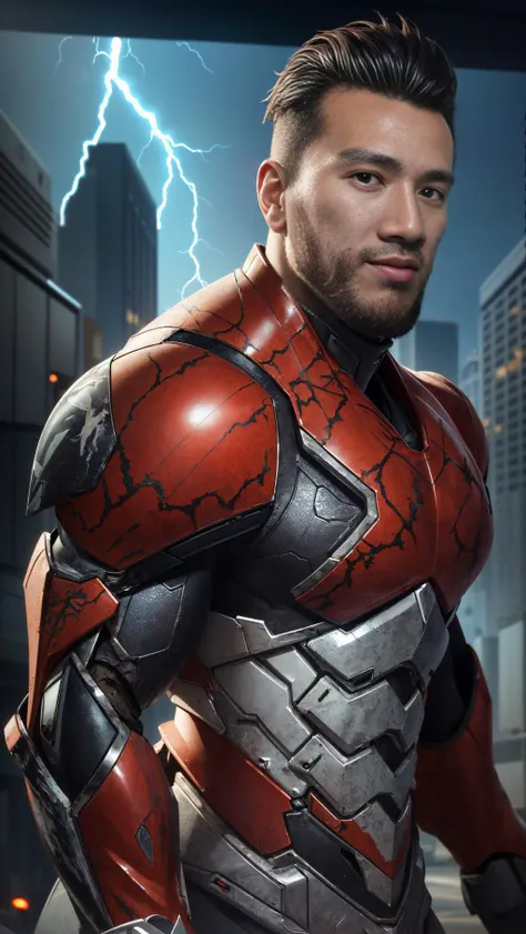 Masterpiece, high quality, ultra detail, RAW, black and red Spider-Venom mecha suit, running, spider logo on the breast of mecha armor, full body, big arms, 1 boy, open smiling, big muscle, undercut hairstyle, black hair, brown eyes, pale skin, dramatic lighting, lightning aura, smokes, center of the frame, apocalypse city background, trees, armorsuit, <lora:Parrley1:1>