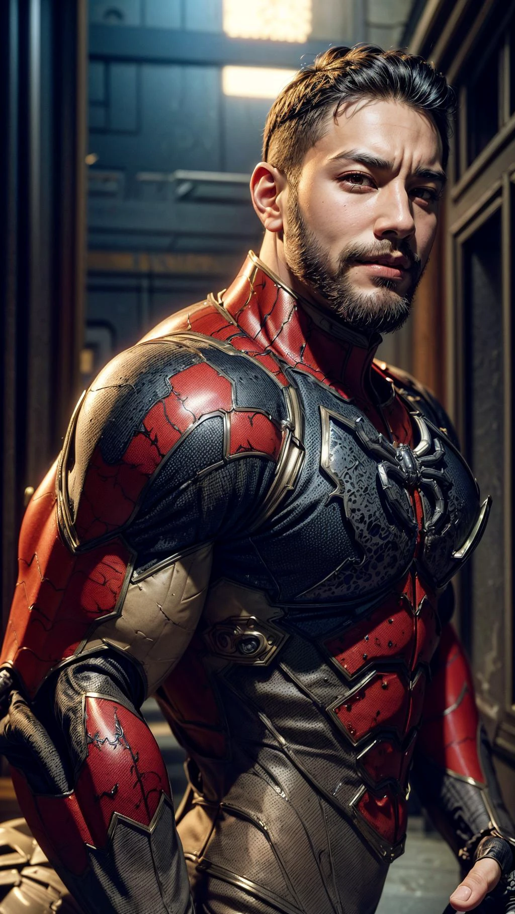 Masterpiece, high quality, ultra detail, RAW, Spiderman-Venom mecha suit, spider logo on the breast of mecha armor, half body, 1 boy, open smiling, big muscle, undercut hairstyle, black hair, brown eyes, pale skin, dramatic lighting, high dynamic range, apocalypse city background, trees, armorsuit, <lora:Parrley1:1> <lora:more_details:1>