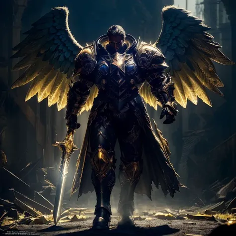 cell shading, digital art, bloom, dark and gloomy full body 8k photography, a man wearing Parrley_armor, (big bulky futuristic armor), (angel wings:1.2) <lora:Parrley1:0.85>, <lora:AngelicWarriors_v1:0.25>, gold yonder hair, wielding a holy sword, outdoors, action shot, tattered torn cloak, skin pores, detailed intricate iris, very dark lighting, heavy shadows, detailed, detailed face, (vibrant, dramatic, dark, sharp focus, 8k)