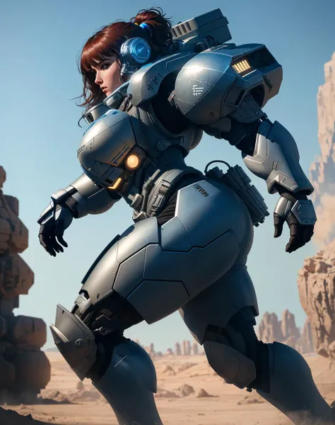 4K, Masterpiece, highres, absurdres,photorealistic, Parrley_armor, a woman in a suit of armor ,wearing Parrley_armor, big bulky futuristic armor, running, moving, rocket propulsion,((from the side))<lora:ParrleyFLEX:0.7>