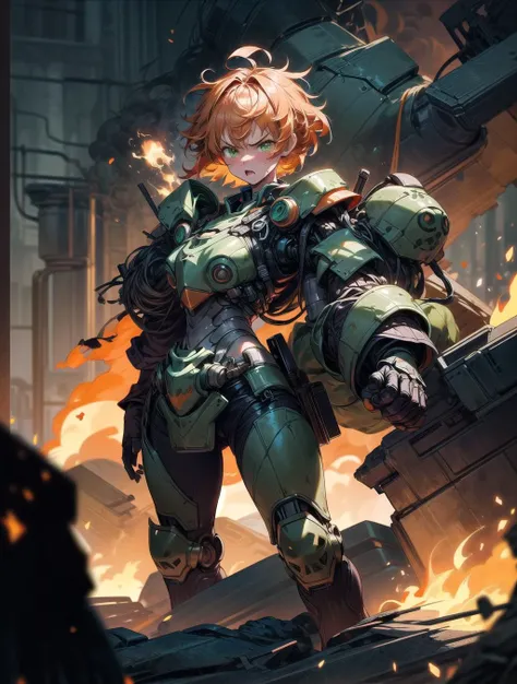 (masterpiece, best quality), (1girl, solo), <lora:add_detail:1.5>, <lora:Parrley1:0.7>,(short hair, orange hair, green eyes, angry, messy hair),big bulky futuristic armor, Parrley_armor, natural volumetric lighting and best shadows, deep depth of field, sharp focus, surrounded by flames, fire, smoke, explosion in the background, <lora:Fire_VFX-000010:0.4>, standing, focus