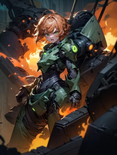 (masterpiece, best quality), (1girl, solo), <lora:add_detail:1.5>, <lora:Parrley1:0.9>, a woman(short hair, orange hair, green eyes, angry, messy hair) in a orange black big bulky futuristic armor, Parrley_armor, barren background, suit of armor, natural volumetric lighting and best shadows, deep depth of field, sharp focus, surrounded by flames, fire, smoke, explosion in the background