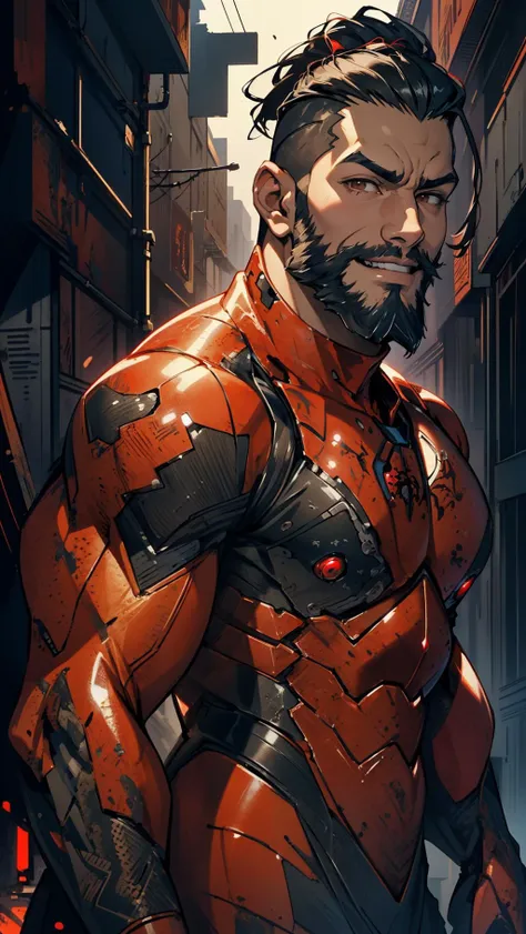 Masterpiece, high quality, ultra detail, RAW, black and red Spiderman-Venom mecha suit, spider logo on the breast of mecha armor, half body, 1 boy, beard, open smiling, big muscle, undercut hairstyle, black hair, brown eyes, pale skin, dramatic lighting, high dynamic range, apocalypse city  background,  trees, armorsuit,  <lora:Parrley1:1>