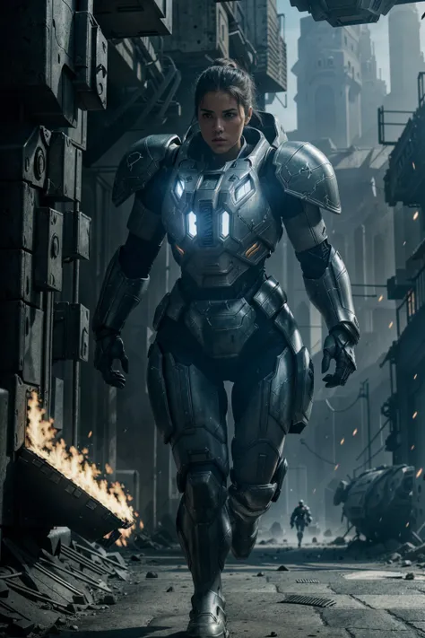 cinematic still shot of  a female soldier, serious looking, glowing armor, wearing Parrley_armor, big bulky futuristic armor, huge round shoulder armor ,   missiles,
(battle stance, action pose, running), epic scene
city ruin, explosions, smokes, dark, dim light
 photorealistic, cinematic lighting, dark atmosphere, volumetric lighting, , lots of fine detail, movie style, photography, natural textures, natural light, natural blur, photorealism, cinematic rendering, ray tracing, highest quality, highest detail, Cinematic, Blur Effect, Long Exposure, 8K, Ultra-HD, Natural Lighting, Moody Lighting, Cinematic Lighting, hyper-realistic, vibrant, 8k, detailed, ultra detail
 <lora:ParrleyFLEX:0.6> <lora:epiNoiseoffset_v2:1>