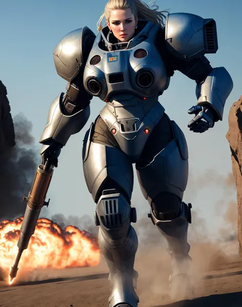 4K, Masterpiece, highres, absurdres,photorealistic, Parrley_armor, a woman in a suit of armor ,wearing Parrley_armor, big bulky futuristic armor, running, moving, rocket propulsion,<lora:ParrleyFLEX:0.7>
