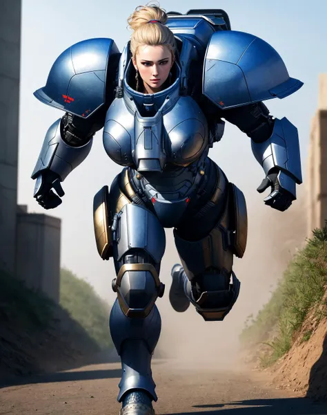 4K, Masterpiece, highres, absurdres,photorealistic, Parrley_armor, a woman in a suit of armor ,wearing Parrley_armor, big bulky futuristic armor, running, fighting, moving, <lora:ParrleyFLEX:0.7>