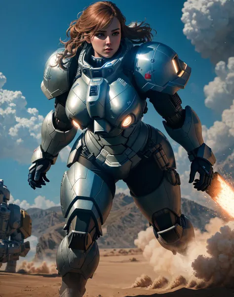 4K, Masterpiece, highres, absurdres,photorealistic, Parrley_armor, a woman in a suit of armor ,wearing Parrley_armor, big bulky futuristic armor, running, moving, rocket propulsion,<lora:ParrleyFLEX:0.7>