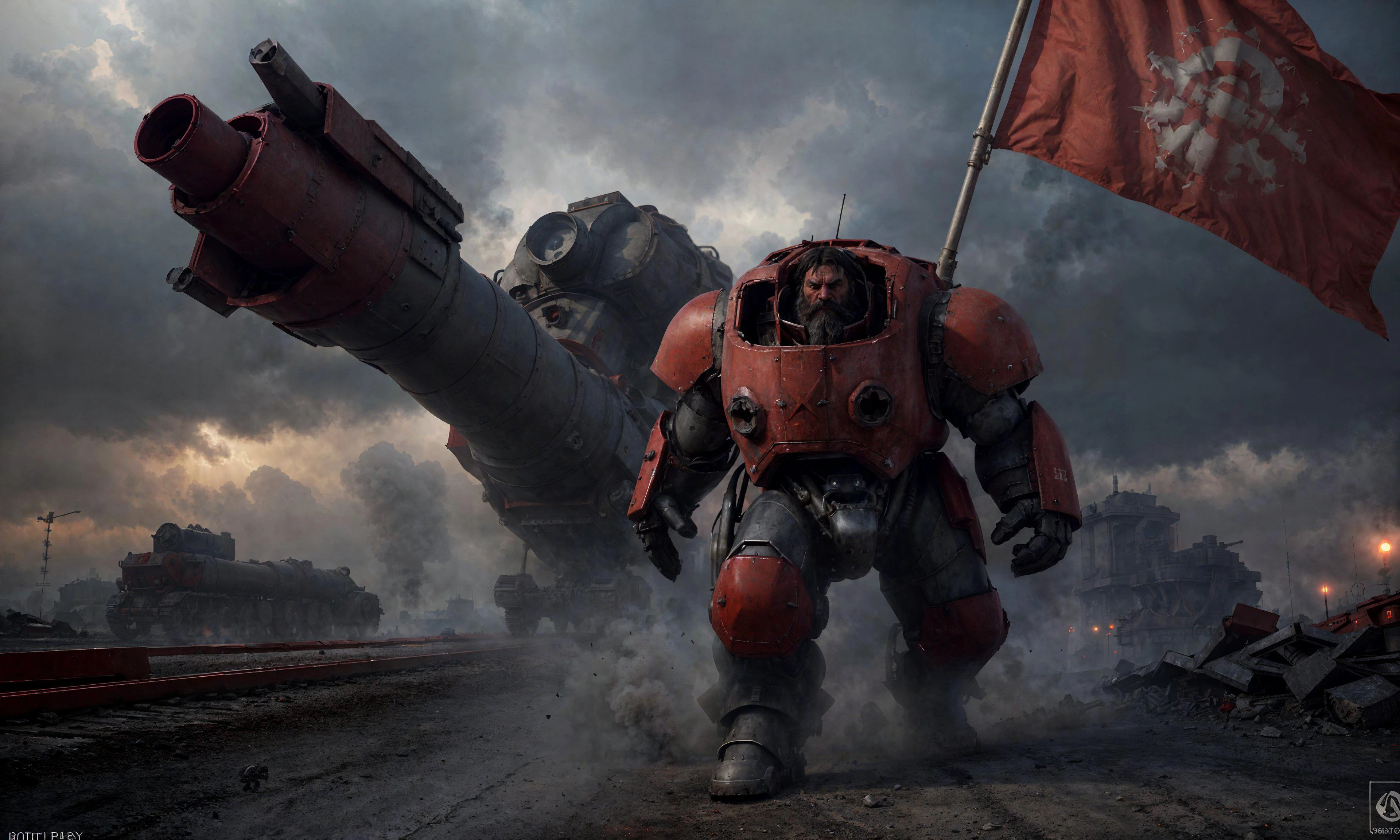(dieselpunk:1.3), Parrley_armor, a single beared Slavic man in a suit of armor ,wearing Parrley_armor, big bulky futuristic gray armor, running, moving, rocket propulsion, run down the street, (He carries a huge gray cannon and red flag in hands:1.3), smoke and fire on background,
perfect composition trending on artstation photorealistic, cinematic lighting, midday, volumetric lighting, action pose, epic scene, lots of fine detail, movie style, photography, natural textures, natural light, natural blur, photorealism, cinematic rendering, ray tracing, highest quality, highest detail, Cinematic, Blur Effect, Long Exposure, 8K, Ultra-HD, Natural Lighting, Moody Lighting, Cinematic Lighting, hyper-realistic, vibrant, 8k, detailed, ultra detail
<lora:ParrleyFLEX:0.8>, hyperrealism, <lora:detailed_notrigger:0.95>