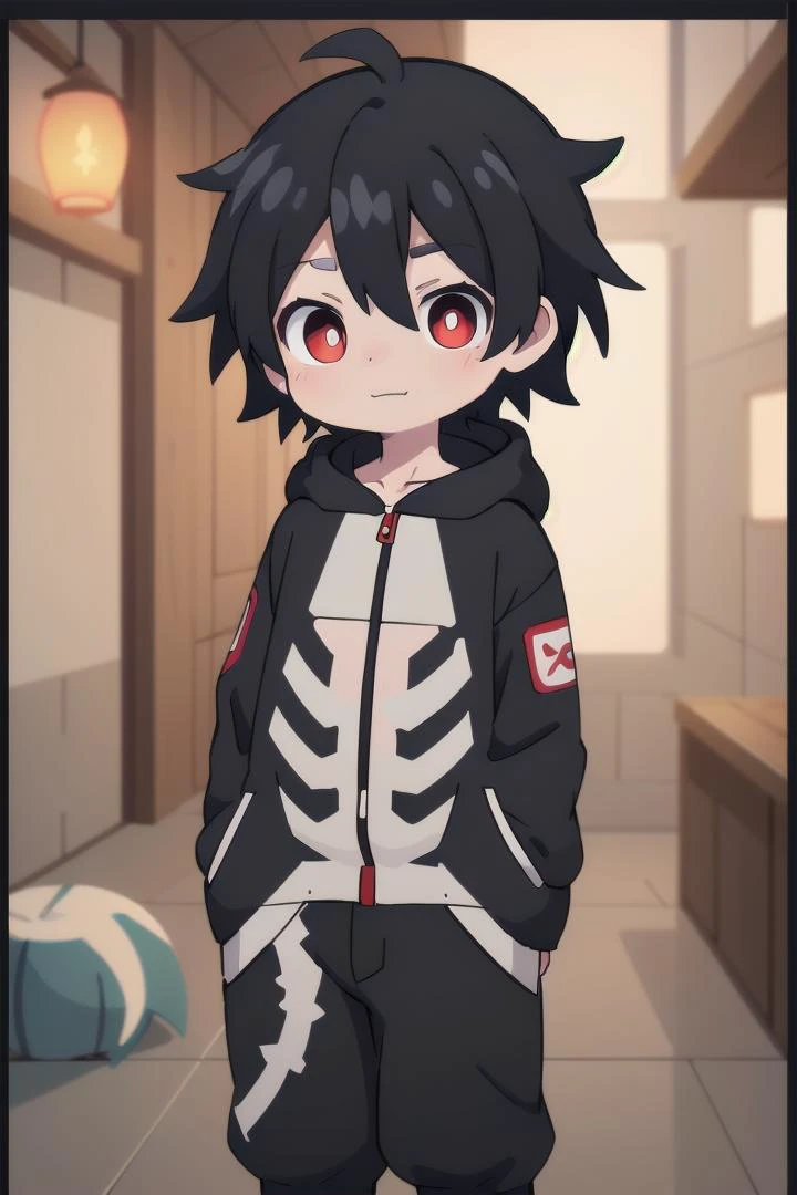 <lora:kabanesd-000012:0.6>
1boy named kabane_kusaka,
black hair,
standing alone in a city,
his pupils are white his corona is red,
he has a smirk on his face,
(black onesie:1.2) with (skeleton pattern:1.2),
draw it in the style of Kemono Jihen,
hood down
black short pants,
The soft lighting and detailed surroundings create an immersive environment where imagination runs wild hyper-detailed,
hyper-detailed face, high quality visuals, dim Lighting, sharply focused, octane render, 8k UHD,
GS-Boyish, AS-YoungV2