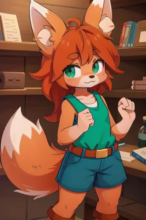 1girl, zoologist, tail, green sleeveless shirt, blue shorts, belt, sturdy boots, red fuzz, orange hair, fox ears, fox fluffy tail, furry