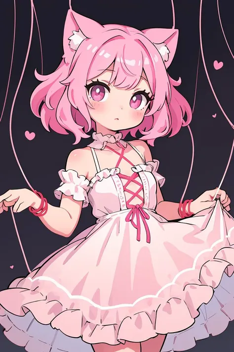 (masterpiece, best quality), 1girl,    <lora:string-wasabiya:1> suspstring, pink hair, frilled dress,