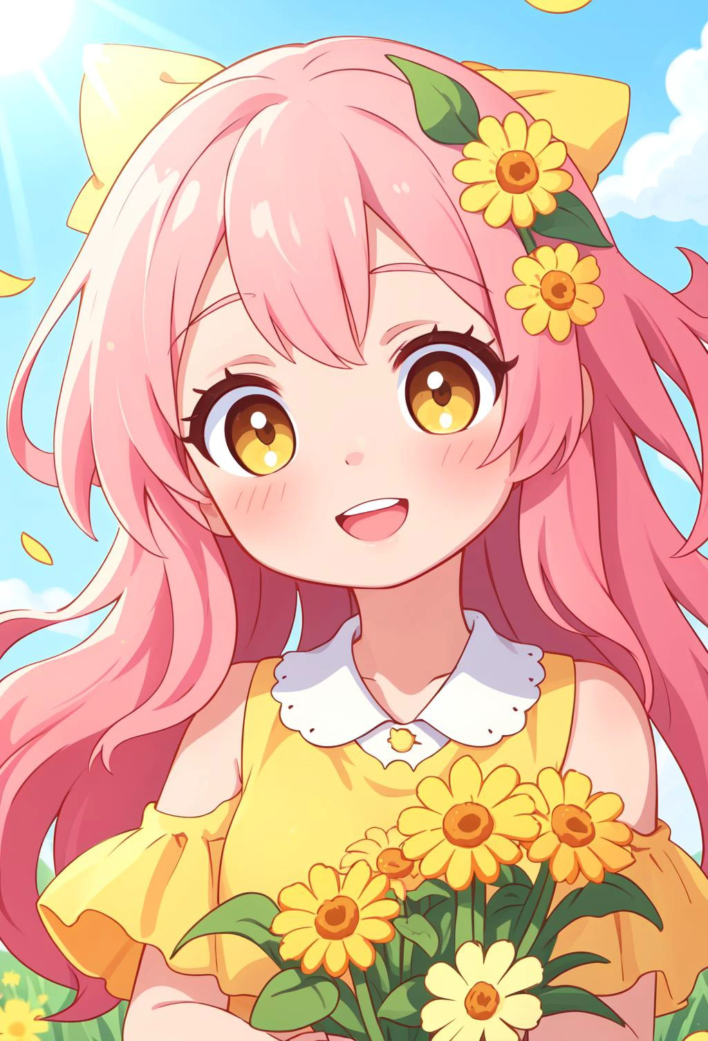 1girl,masterpiece, best quality, cute, happy, vibrant, colorful, yellow dress holding a flower, aestheticism, anime girl, cute anime girl portrait,(face close up:1) <lora:zoom_slider_v1:1>, holding dandelion,(field of dandelions),(hair bow),sun rays, floating particles,bright light,<lora:zoom_slider_v1:1.5>
