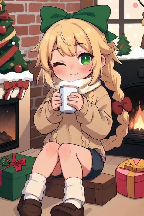 best_quality, masterpiece, 1girl, solo, window, christmas_tree, gift, cup, christmas, socks, long_hair, one_eye_closed, green_eyes, braid, blonde_hair, sweater, indoors, white_sweater, snowing, smile, gift_box, shorts, box, black_socks, steam, looking_at_viewer, blush, bangs, closed_mouth, cable_knit, christmas_ornaments, brick_wall, short_shorts, long_sleeves, mug, bow, winter, hair_ribbon, aran_sweater, ribbon, hair_bow, ribbed_sweater, brown_socks, no_shoes, plaid, ;\), green_bow, fireplace, knees_up, snow, hands_up, holding_gift, grey_sweater, scarf, shirt, turtleneck