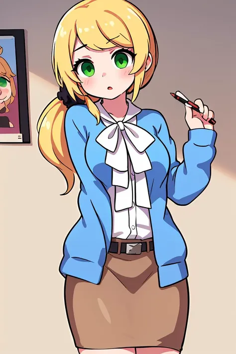 (masterpiece, best quality), 1girl, <lora:ellenbaker-lora-nochekaiser:1> ellen baker, blonde hair, (green eyes:1.5), long hair, ponytail, scrunchie, shirt, white shirt, collared shirt, cardigan, blue cardigan, belt, skirt, brown skirt, pencil skirt,