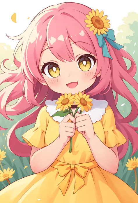 1girl,masterpiece, best quality, cute, happy, vibrant, colorful,  yellow dress holding a flower, aestheticism, anime girl,  cute anime girl portrait,(face close up:1) <lora:zoom_slider_v1:1>, holding dandelion,(field of dandelions),(hair bow),sun rays, floating particles,bright light,<lora:zoom_slider_v1:1.5>