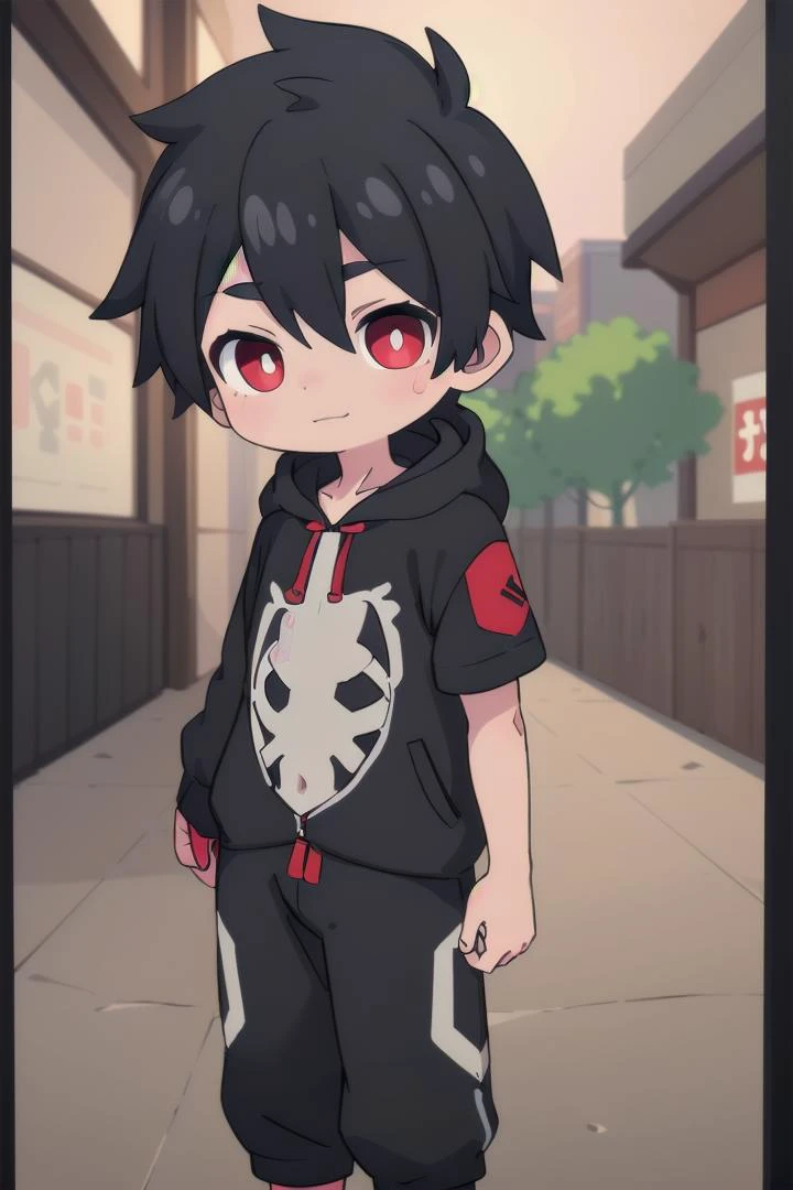 <lora:kabanesd-000012:0.6>
1boy named kabane_kusaka,
black hair,
standing alone in a city,
his pupils are white his corona is red,
he has a smirk on his face,
(black onesie:1.2) with (skeleton pattern:1.2),
draw it in the style of Kemono Jihen,
hood down
black short pants,
The soft lighting and detailed surroundings create an immersive environment where imagination runs wild hyper-detailed,
hyper-detailed face, high quality visuals, dim Lighting, sharply focused, octane render, 8k UHD,
GS-Boyish, AS-YoungV2