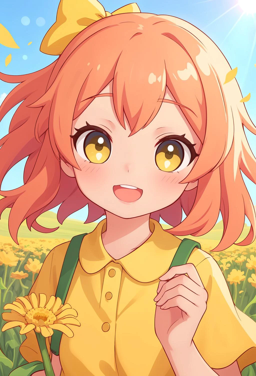 1girl,masterpiece, best quality, cute, happy, vibrant, colorful, yellow dress holding a flower, aestheticism, anime girl, cute anime girl portrait,(face close up:1) <lora:zoom_slider_v1:1>, holding dandelion,(field of dandelions),(hair bow),sun rays, floating particles,bright light,<lora:zoom_slider_v1:1.5>