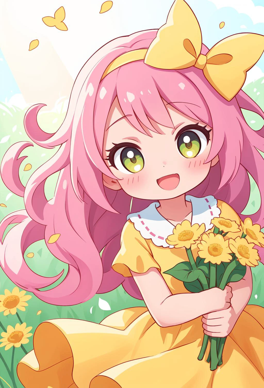 1girl,masterpiece, best quality, cute, happy, vibrant, colorful, yellow dress holding a flower, aestheticism, anime girl, cute anime girl portrait,(face close up:1) <lora:zoom_slider_v1:1>, holding dandelion,(field of dandelions),(hair bow),sun rays, floating particles,bright light,<lora:zoom_slider_v1:1.5>