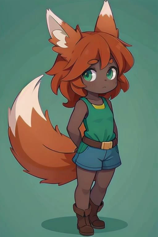 1girl, zoologist, tail, green sleeveless shirt, blue shorts, belt, sturdy boots, dark skin, orange hair, fox ears, fox fluffy tail