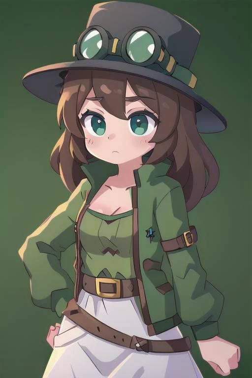 1girl, stpunker, top hat, goggles on headwear, cleavage, green jacket, brown shirt, belt, white skirt