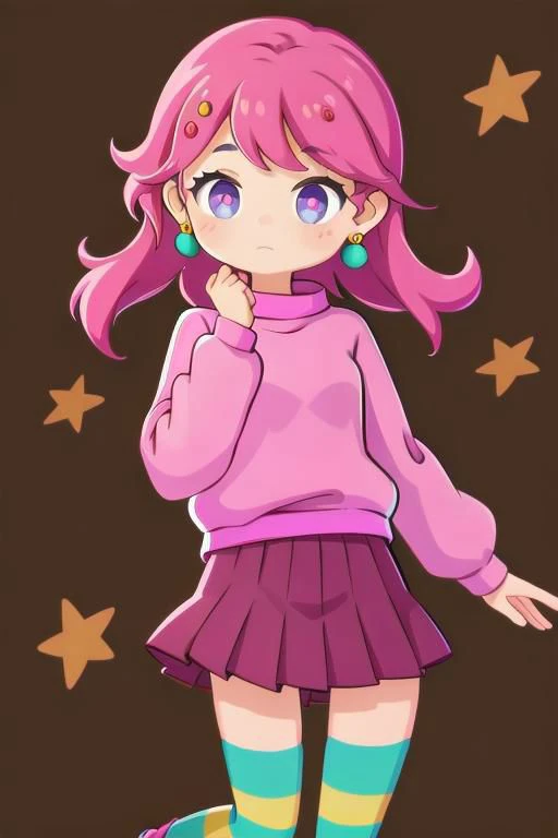 1girl, pgirl, earrings, pink sweater, pink skirt, striped thighhighs