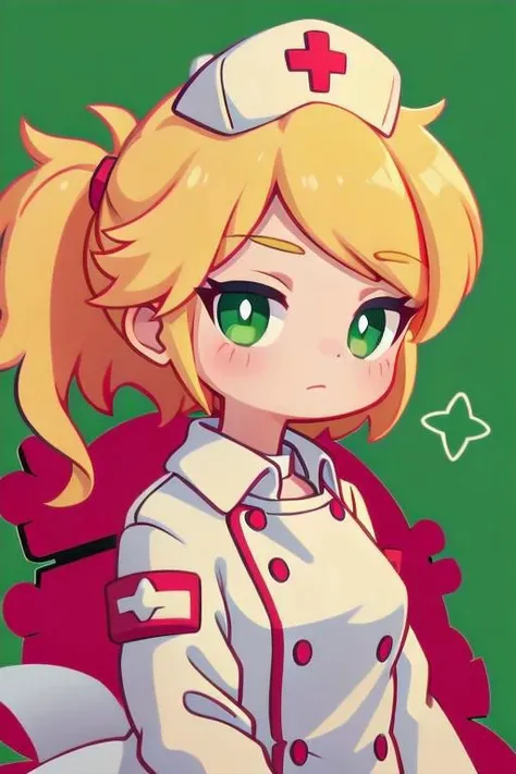 1girl, terrarianurse, green eyes, nurse, nurse cap, blonde hair, white nurse's coat with red buttons