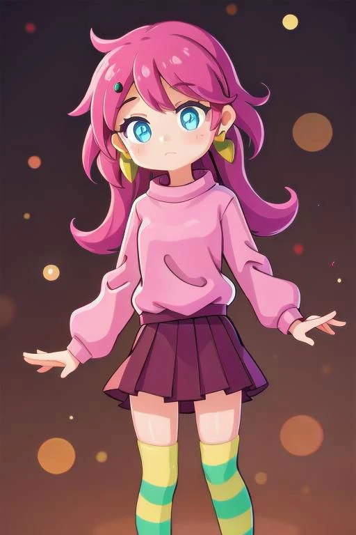 1girl, pgirl, earrings, pink sweater, pink skirt, striped thighhighs