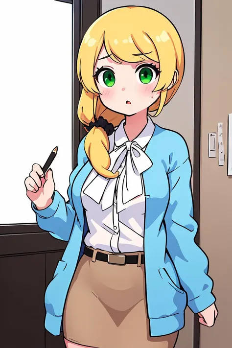 (masterpiece, best quality), 1girl, <lora:ellenbaker-lora-nochekaiser:1> ellen baker, blonde hair, (green eyes:1.5), long hair, ponytail, scrunchie, shirt, white shirt, collared shirt, cardigan, blue cardigan, belt, skirt, brown skirt, pencil skirt,