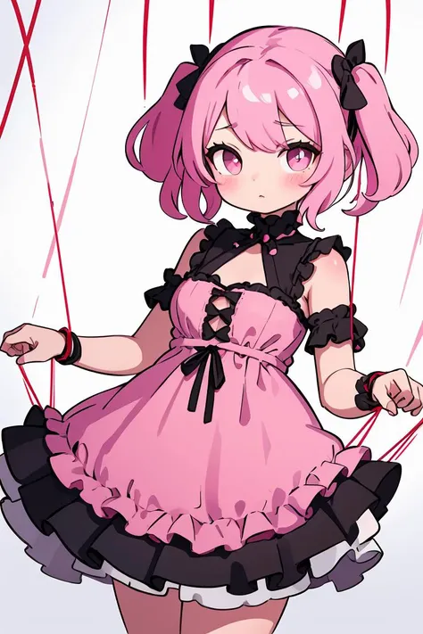 (masterpiece, best quality), 1girl, <lora:string-wasabiya:1> suspstring, pink hair, frilled dress,