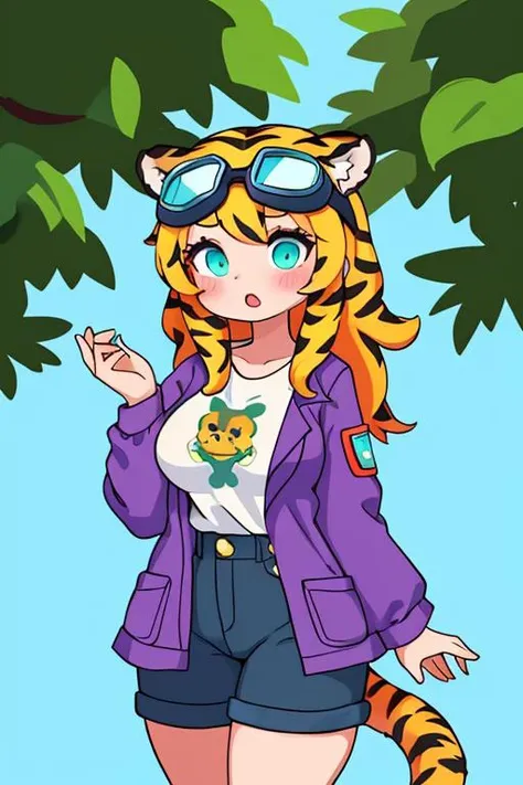 1girl, Abstract, Needlepoint of a Sexy thick all-american (Girl:1.3) , Controversial Zouave jacket, Casual, Tiger print, Magnificent hair styled as Long flowy, Complementary Cyan Goggles, background is Haunted Fort, crowded foliage, Clear skies, Simple illustration, Emopunk, trending on artstation, original, great light, vibrant, vivid colors, detailed