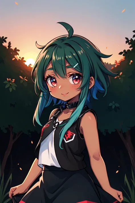 (masterpiece:1.2, best quality:1.2), <lora:more_details:0.45>, (((smile))), ((happy)), closed mouth, ((dark skin)), 1girl, red eyes, slave collar, ((green hair:1.1)), (blue hair), (two-toned hair), ((((frontlocks)))), (short hair with long locks:1.2), looking at viewer, outdoors, sunset, hair aside, red lipstick, <lora:FrontLocks_v004-08:0.55>, flat chest, (((black vest))), ((black shirt)), neck ribbon, (black long skirt), cowboy shot, ((wild colors, abstract))