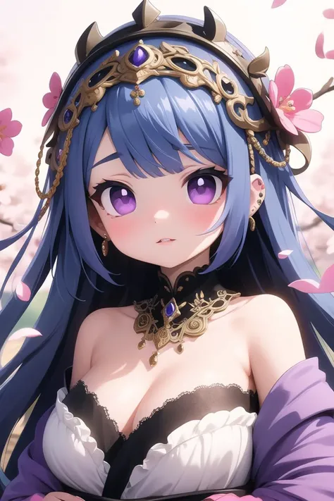 A mesmerizing digital portrait of a charismatic woman with piercing violet eyes, adorned in an ornate headdress, surrounded by vibrant blossoms and delicate feathers,