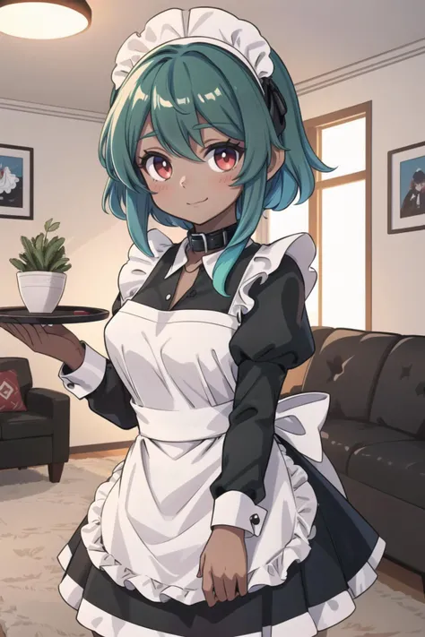 (masterpiece:1.2, best quality:1.2), ((((dark skin)))), <lora:more_details:0.45>, (smile, closed mouth), 1girl, red eyes, slave collar, looking at viewer, ribbon, cowboy shot, ((green hair)), mixed color hair, blue hair, (multicolored hair), gradient hair, short hair with long locks, <lora:FrontLocks_v004:0.45> , ((frontlocks)), ((((maid)))), sexy, white apron, black maid clothes, ((((assassin)))), maid headdress, (mansion, realistic background, lounge, estate, indoors, hallway), plants, tables, chairs, ((serving tray)),