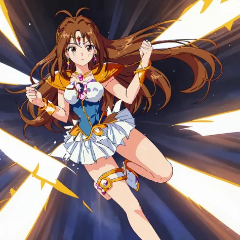 <lora:Yuri_Tanima-10:1>masterpeace,high quality,Yuri_Tanima, 1girl, solo, long hair,brown hair, jewelry, pleated skirt, miniskirt, armor, high heels, bracelet, magical girl, white skirt, shoulder armor, pauldrons, thighlet