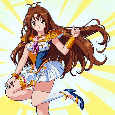 <lora:Yuri_Tanima-10:1>masterpeace,high quality,Yuri_Tanima, 1girl, solo, long hair,brown hair, jewelry, pleated skirt, miniskirt, armor, high heels, bracelet, magical girl, white skirt, shoulder armor, pauldrons, thighlet