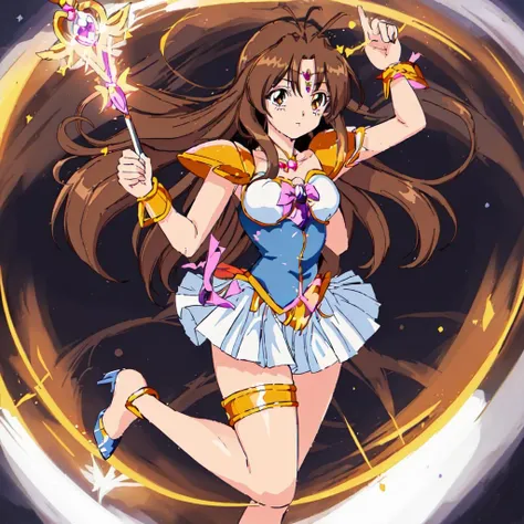 <lora:Yuri_Tanima-10:1>masterpeace,high quality,Yuri_Tanima, 1girl, solo, long hair,brown hair, jewelry, pleated skirt, miniskirt, armor, high heels, bracelet, magical girl, white skirt, shoulder armor, pauldrons, thighlet