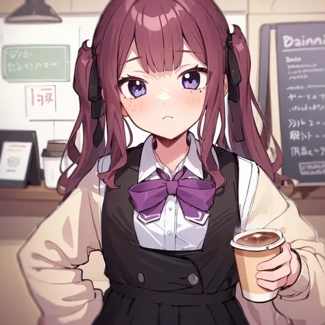 (flat_color, pastel_style,anime,black_outlines:1.2),1girl, detailed eyes, coffee shop, portrait, volumetric lighting, colorful, cute, karinPerson <lora:NatsukiKarin:1>