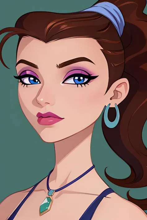 (extremely detailed 8K, high resolution, ultra quality, highly detail eyes, highly detail mouth, highly detailed face, perfect eyes, hd, 2k, 4k, 8k, 16k), <lora:6teen_Tricia-10:0.6> 6teen_tricia, brown hair, earrings, makeup, ponytail, hoop earrings, necklace,