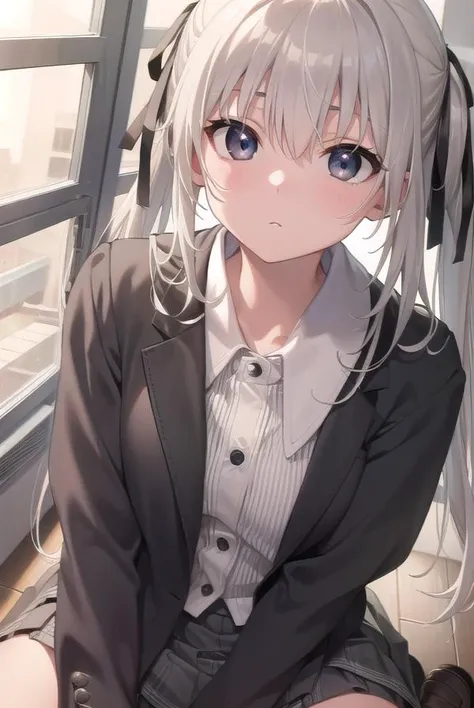 (masterpiece), (best quality), ((very detailed)), (very delicate), (A young girl), cyan eyes, sparkling eyes, droopy eyes, (Silver gray hair),Short messy hair, Barrette, Medium chest, Blazer uniform , platinum blonde, White skin, sitting on the bed in my room, Sunset rays shining through the window, Downcast eyes, lack of confidence, afraid, bullied at school, Blazer,wariza