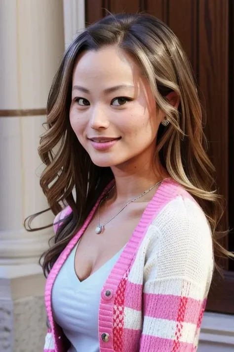 j4m1e_chung, close-up, portrait, cheerful smile, wearing an argyle cardigan and t-shirt, Best quality, masterpiece, ultra high res, (photorealistic:1.4), 1girl, upper body shot, perfect lighting, realistic, high quality