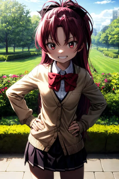 (masterpiece), best quality, (((ultra detailed, 8k quality))), expressive eyes, perfect face, perfect anatomy, perfect body, scene, <lora:scene_:0.7>,  <lora:more_details:0.7>, <lora:beautiful_detailed_eyes:0.5>, 1girl, looking at viewer, <lora:kyouko-madomagi-01:0.8>, kyouko sakura, outdoors,cowboy shot,smile, garden, portrait , grin, black skirt, bow, brown cardigan, cardigan, collared shirt, eyebrows visible through hair, hair between eyes, hair over shoulder, long hair, long sleeves, pleated skirt, red bow, red bowtie, school uniform, shirt, skirt, sleeves past wrists, white shirt, hand on hips