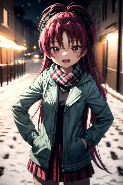 (masterpiece), best quality, (((ultra detailed, 8k quality))), expressive eyes, perfect face, perfect anatomy, perfect body, scene, <lora:scene_:0.7>,  <lora:more_details:0.7>, <lora:beautiful_detailed_eyes:0.5>, 1girl, looking at viewer, <lora:kyouko-madomagi-01:0.8>, kyouko sakura, outdoors,cowboy shot,smile, garden, magical girl, fang, hand on hips, 
blush, bokeh, depth of field, hair between eyes, hair ornament, holding, jacket, long sleeves, looking at viewer, open mouth, plaid, plaid dress, plaid jacket, plaid scarf, plaid shirt, scarf, smile, solo, unmoving pattern, street, winter, snow, one hand on pocket, v over eyes,