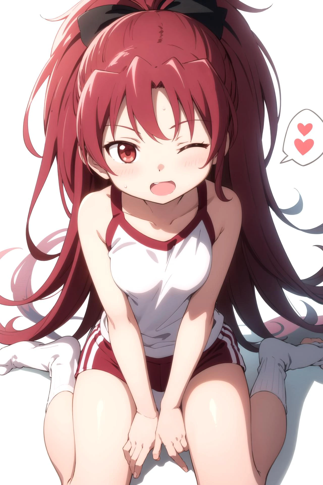 1girl, solo, masterpiece, best quality,
<lora:kyouko-madomagi-01:0.6>,
sweat, mahou shoujo madoka magica, sakura kyouko, kyouko sakura, red eyes, tsurime, red hair, long hair, ponytail, hair bow, black bow, gym uniform, gym shirt, white shirt, sleeveless, sleeveless shirt, collarbone, bare arms, small breasts, buruma, bare legs, socks, shoes,
wariza, sitting, hands on lap, from above, looking up, looking at viewer,
blush, smile, one eye closed, ;o, open mouth,
simple background, white background, heart background, heart, spoken heart