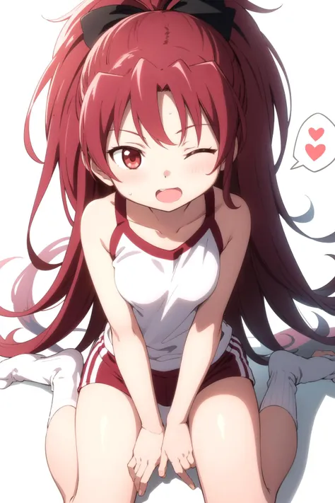 1girl, solo, masterpiece, best quality,
<lora:kyouko-madomagi-01:0.6>,
sweat, mahou shoujo madoka magica, sakura kyouko, kyouko sakura, red eyes, tsurime, red hair, long hair, ponytail, hair bow, black bow, gym uniform, gym shirt, white shirt, sleeveless, sleeveless shirt, collarbone, bare arms, small breasts, buruma, bare legs, socks, shoes,
wariza, sitting, hands on lap, from above, looking up, looking at viewer,
blush, smile, one eye closed, ;o, open mouth,
simple background, white background, heart background, heart, spoken heart