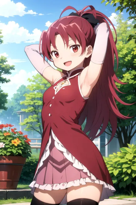 1girl, solo, masterpiece, best quality,
        <lora:kyouko-madomagi-01:0.6>,
        detached sleeves, mahou shoujo madoka magica, sakura kyouko, kyouko sakura, red eyes, tsurime, red hair, long hair, ponytail, hair bow, black bow, magical girl, dress, red dress, cleavage cutout, sleeveless, sleeveless dress, soul gem, white sleeves, wrist cuffs, small breasts, skirt, pink skirt, pleated skirt, miniskirt, thighhighs, black thighhighs,
        cowboy shot, contrapposto, looking at viewer, arms up, armpits,
        blush, smile, :d, open mouth,
        outdoors, garden