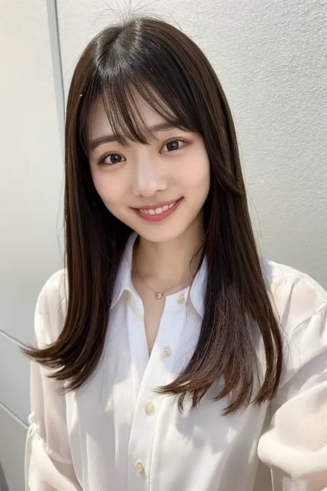 mayuyokotareal, masterpiece, 1 girl, looking at viewer, upper body, long hair, shirt, <lora:mayuyokotareallora:0.8>, white background, a 22-year-old, smile, <lora:JapaneseDollLikeness_v15:0.2>,