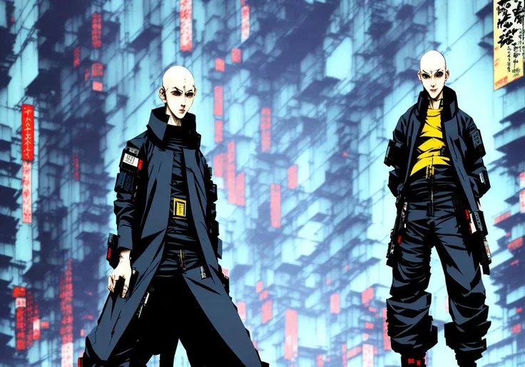 Kanji, realistic cyberpunk hacker man KANv6, wearing a cyberpunk trenchcoat, cyberpunk architecture mega city, KANv3